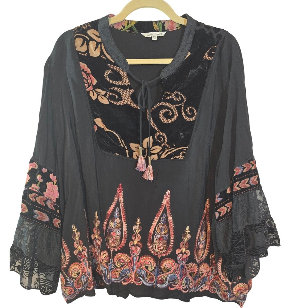 John Mark Black Blouse with Pink and Orange Accents